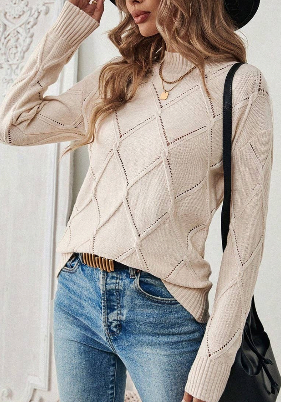 Knit Round Neck Cross Hollow Out Solid Sweater