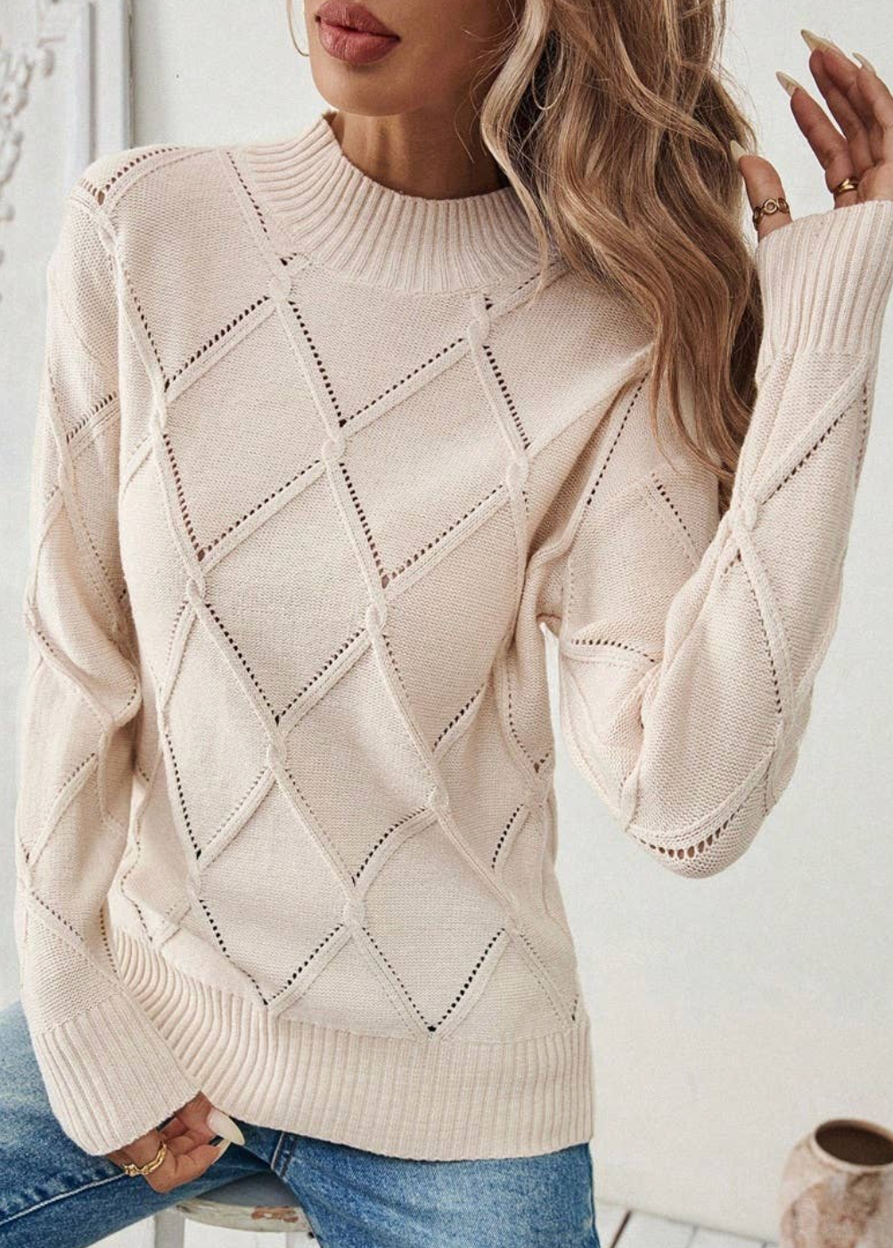 Knit Round Neck Cross Hollow Out Solid Sweater