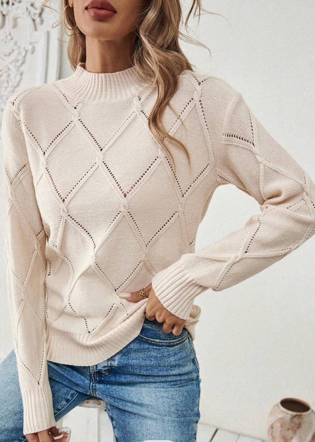 Knit Round Neck Cross Hollow Out Solid Sweater