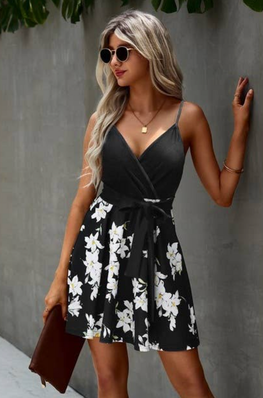 V Neck Sleeveless Floral Tie Waist Dress