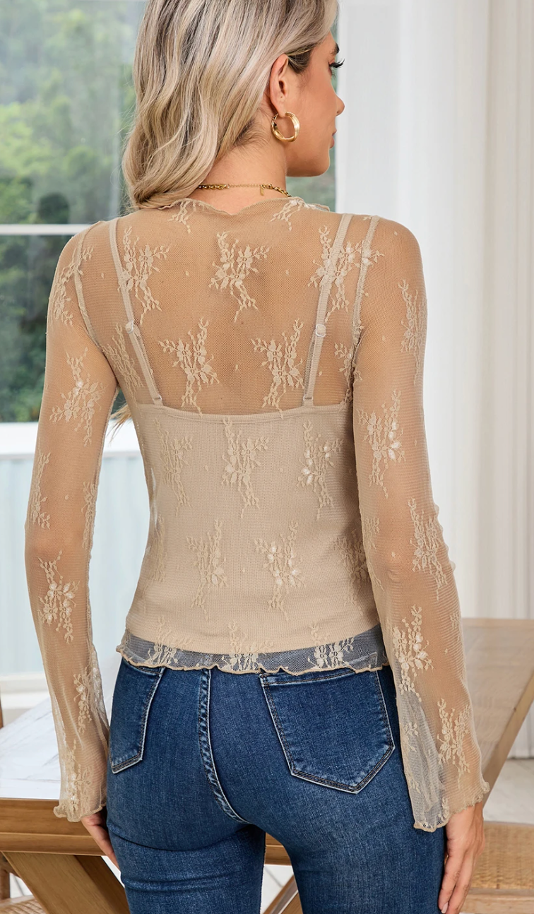 Mesh Crochet Splicing Slim Fit Long Sleeve Blouse