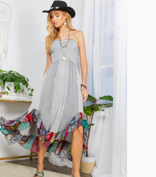 Sun-Kissed Patchwork: Smocked Bliss Boho Mid-Length Dress