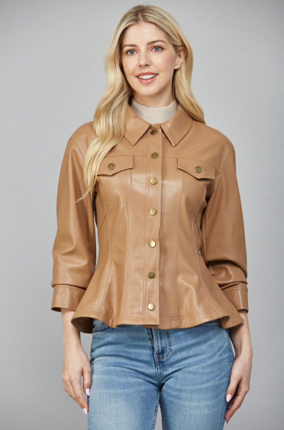 CINCHED 3/4 SLV DETAIL FAUX LEATHER PEPLUM JACKET