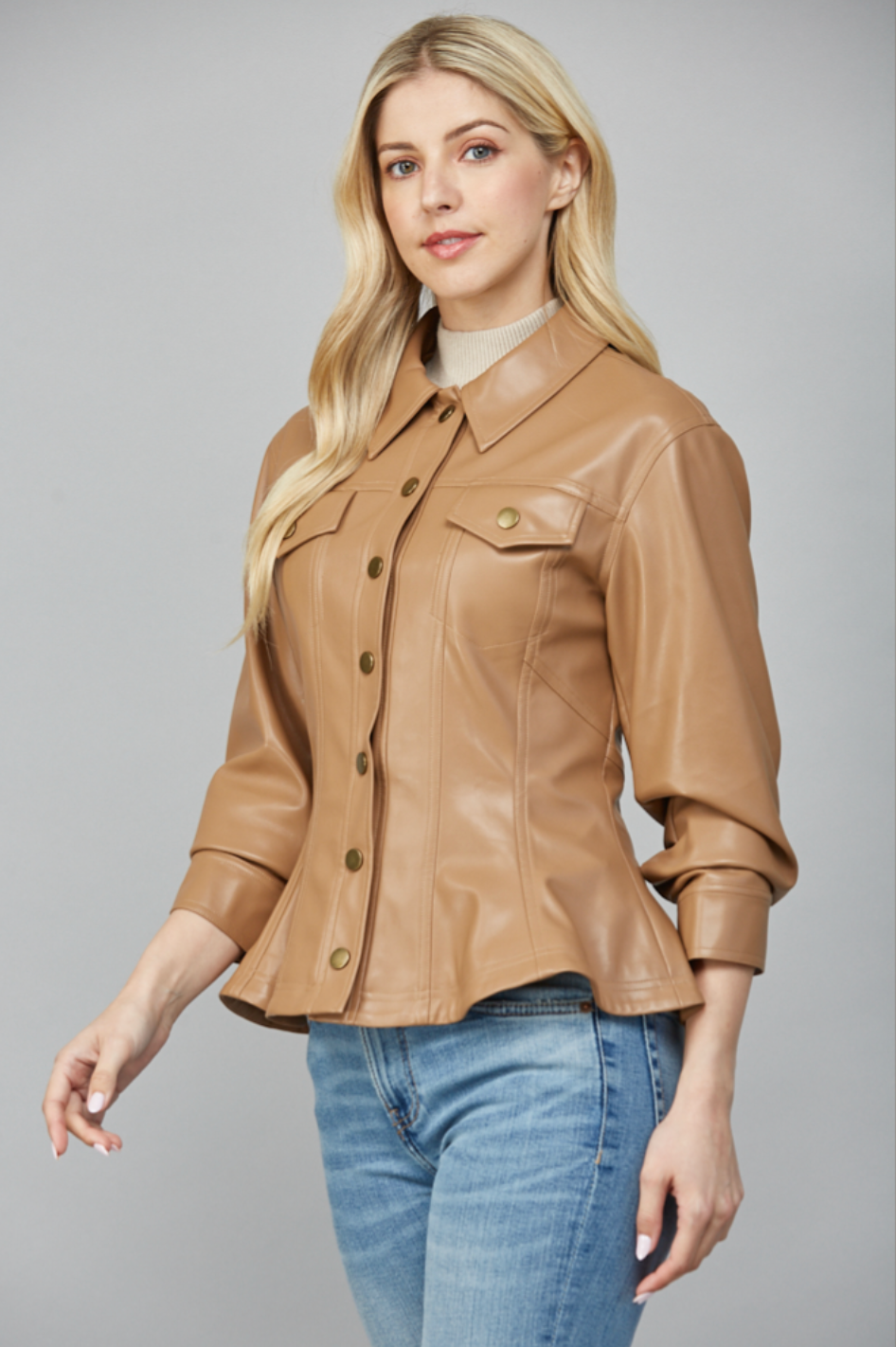 CINCHED 3/4 SLV DETAIL FAUX LEATHER PEPLUM JACKET