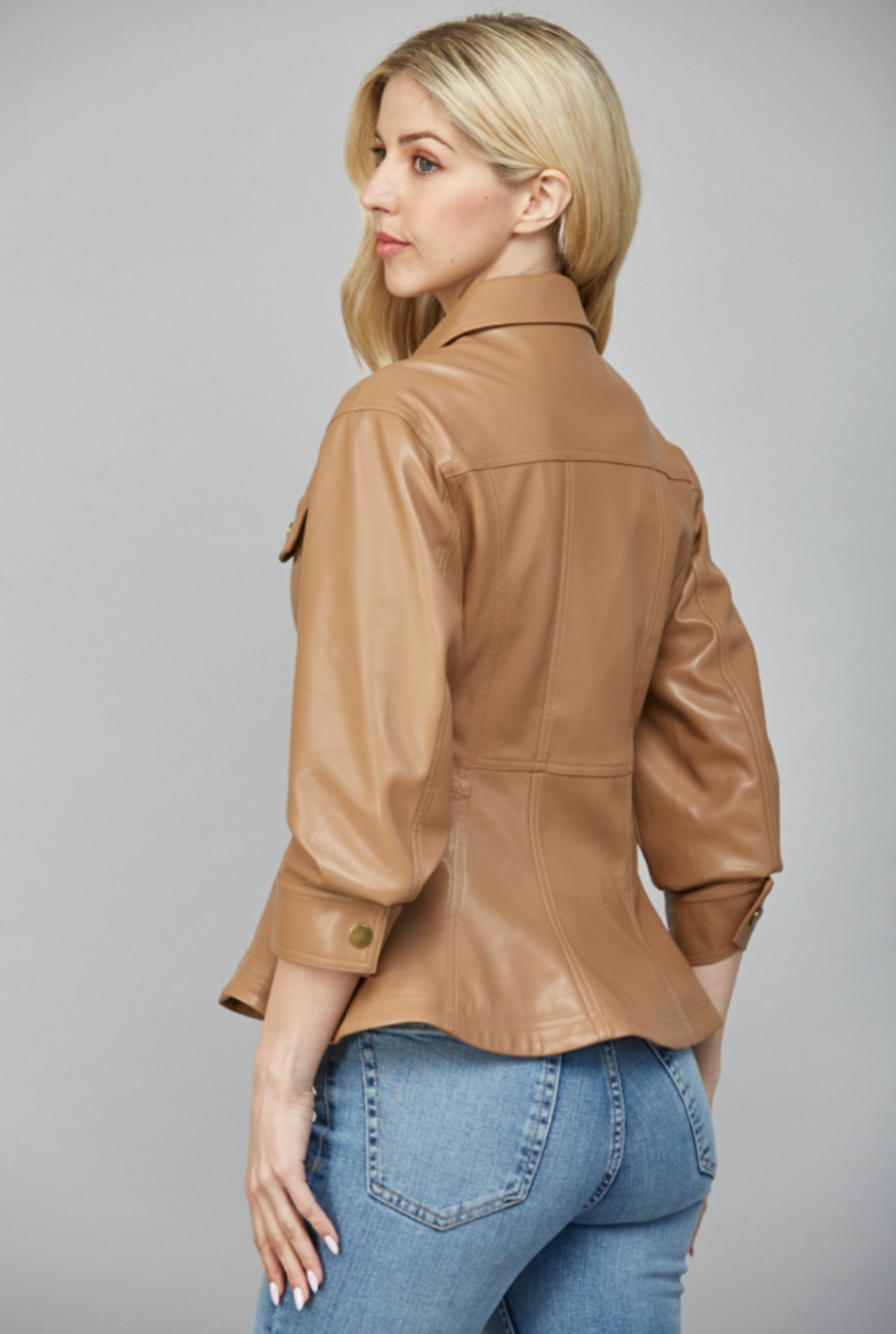 CINCHED 3/4 SLV DETAIL FAUX LEATHER PEPLUM JACKET
