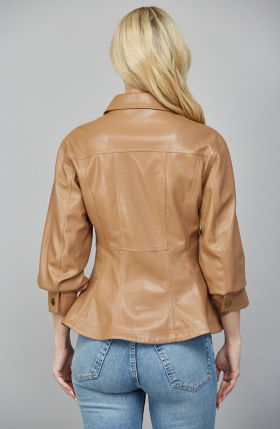 CINCHED 3/4 SLV DETAIL FAUX LEATHER PEPLUM JACKET