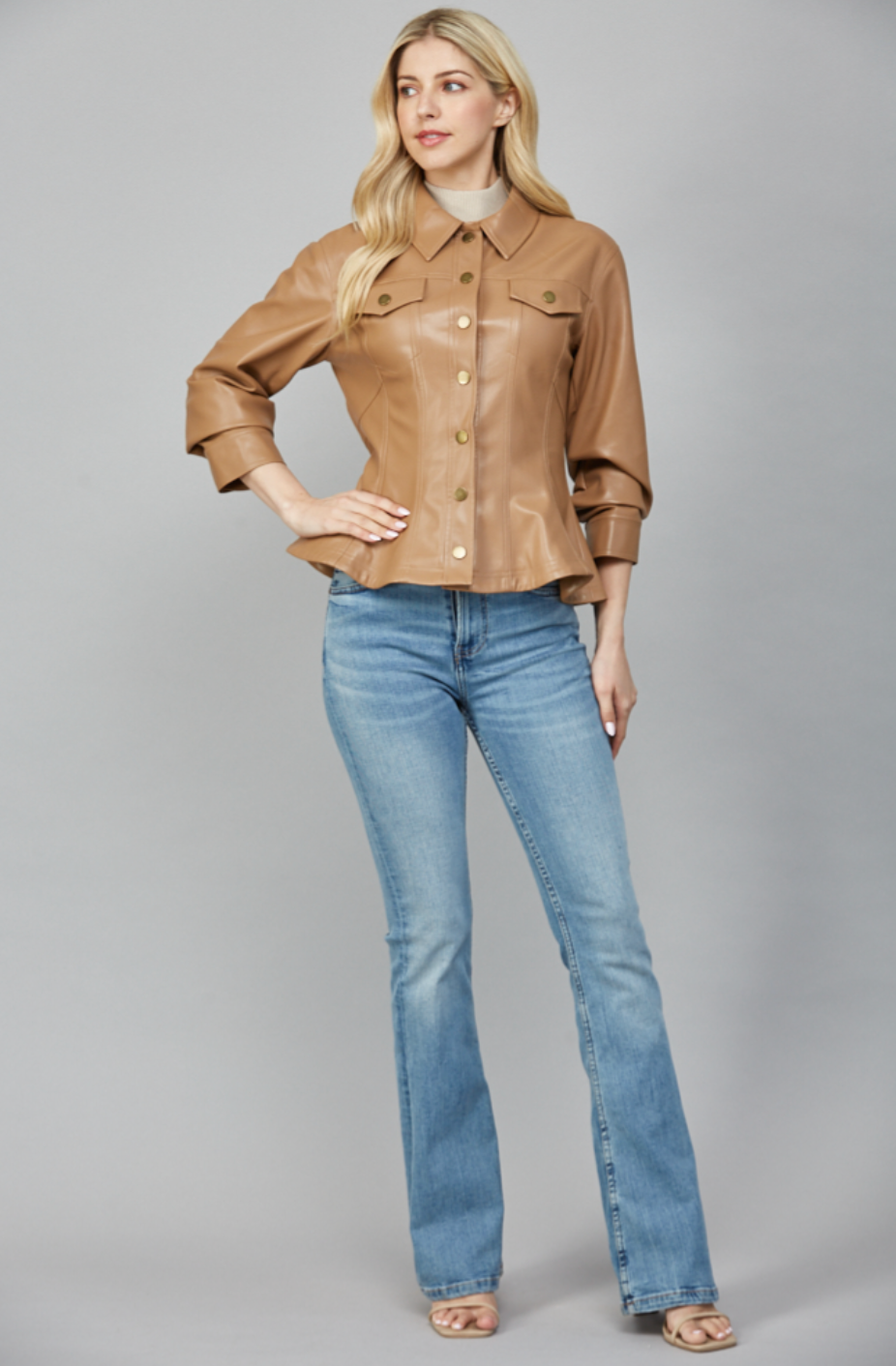 CINCHED 3/4 SLV DETAIL FAUX LEATHER PEPLUM JACKET