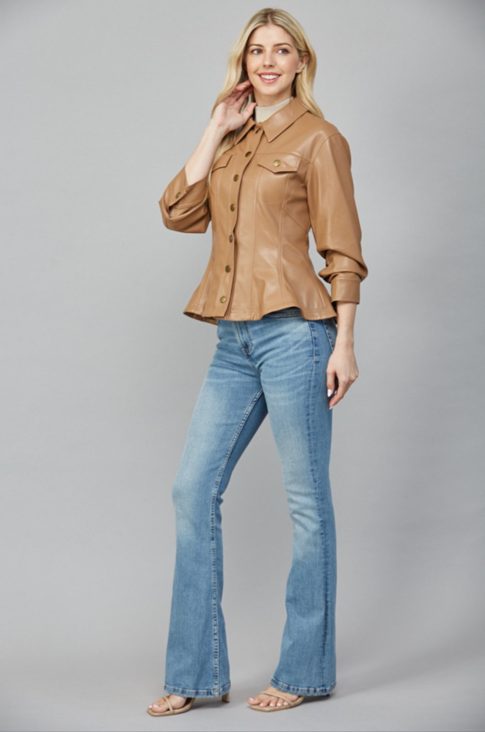 CINCHED 3/4 SLV DETAIL FAUX LEATHER PEPLUM JACKET