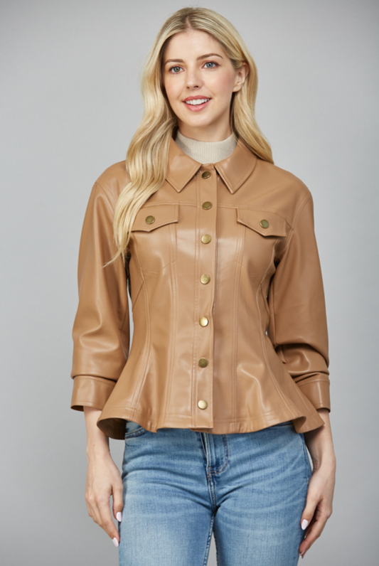 CINCHED 3/4 SLV DETAIL FAUX LEATHER PEPLUM JACKET