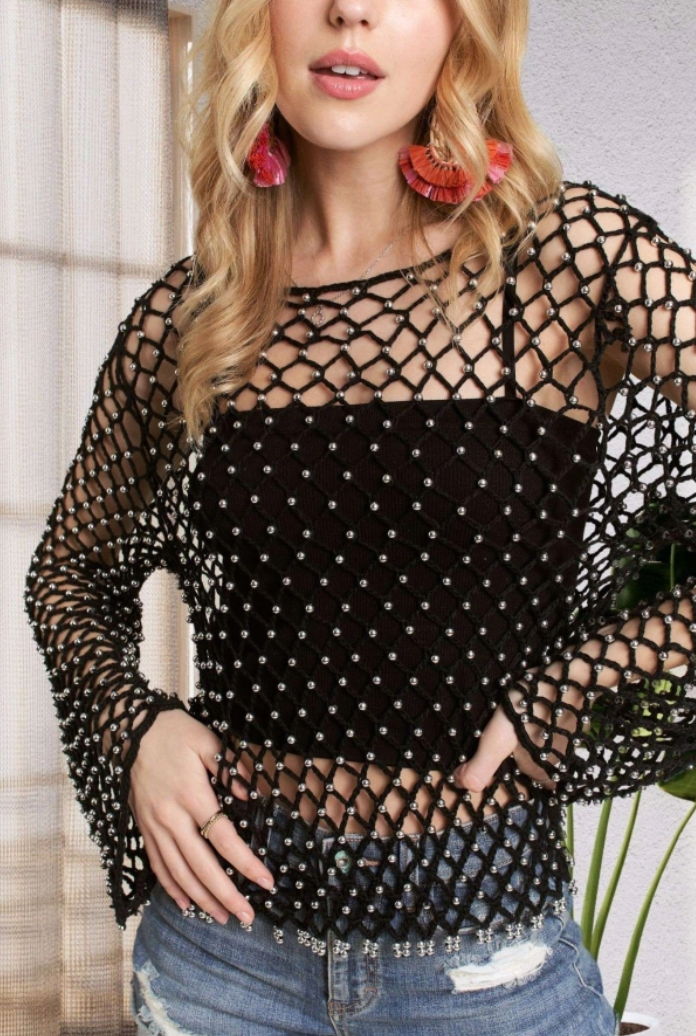 BEADS ACCENT FISHNET COVER UP TOP