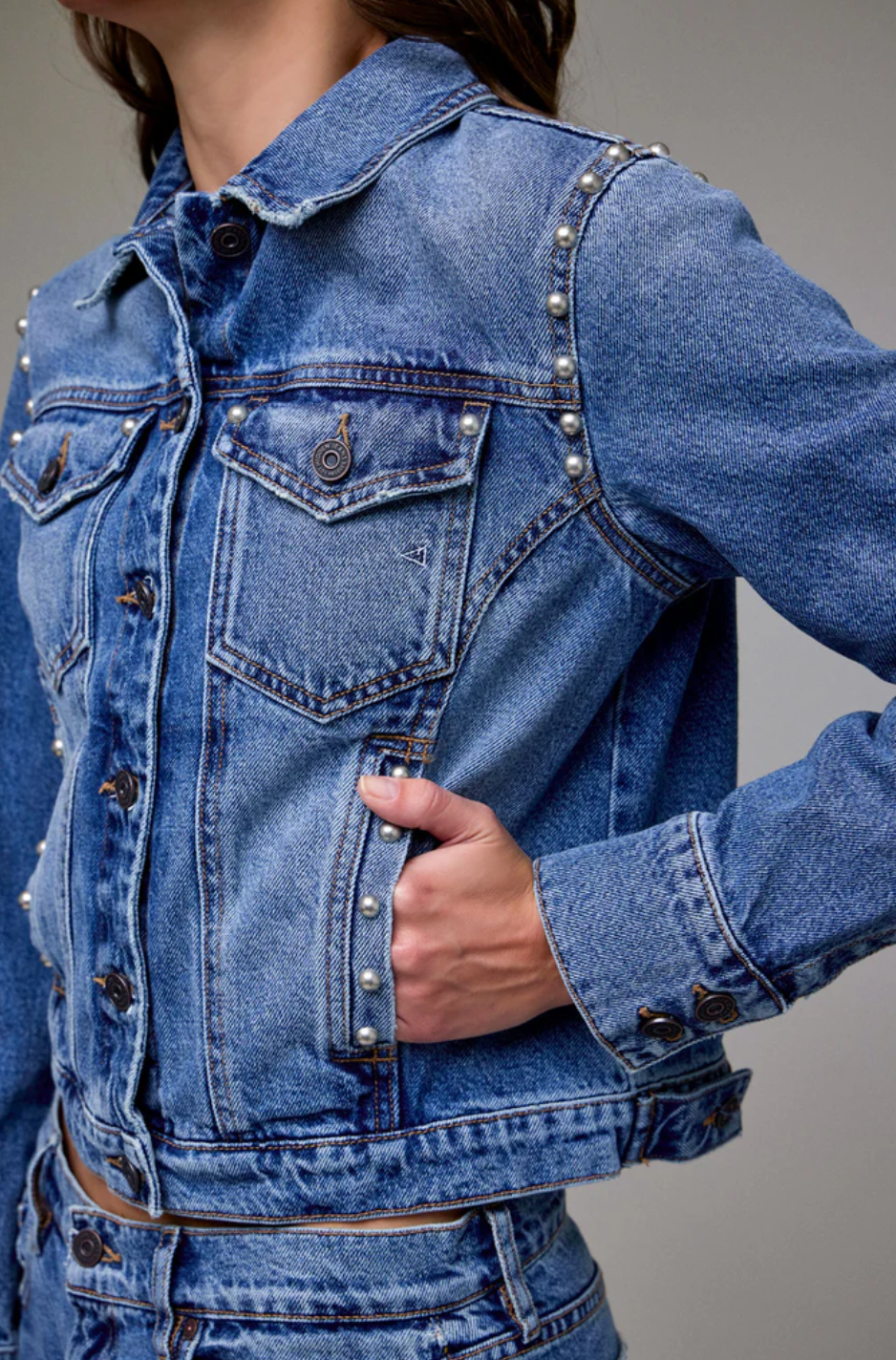 Medium Wash Pearl Embellished Fitted Trucker Jacket