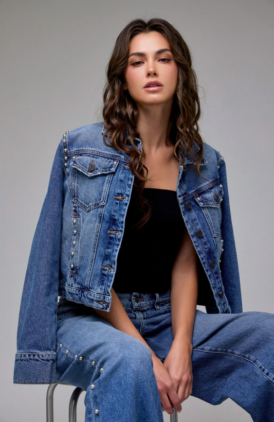 Medium Wash Pearl Embellished Fitted Trucker Jacket