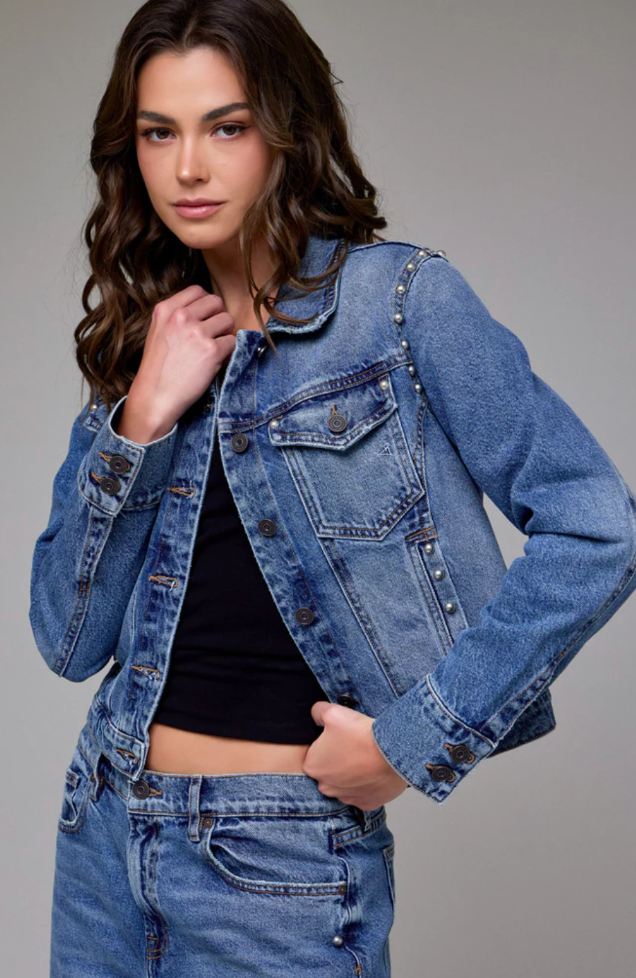 Medium Wash Pearl Embellished Fitted Trucker Jacket