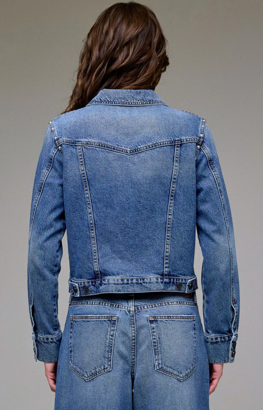 Medium Wash Pearl Embellished Fitted Trucker Jacket