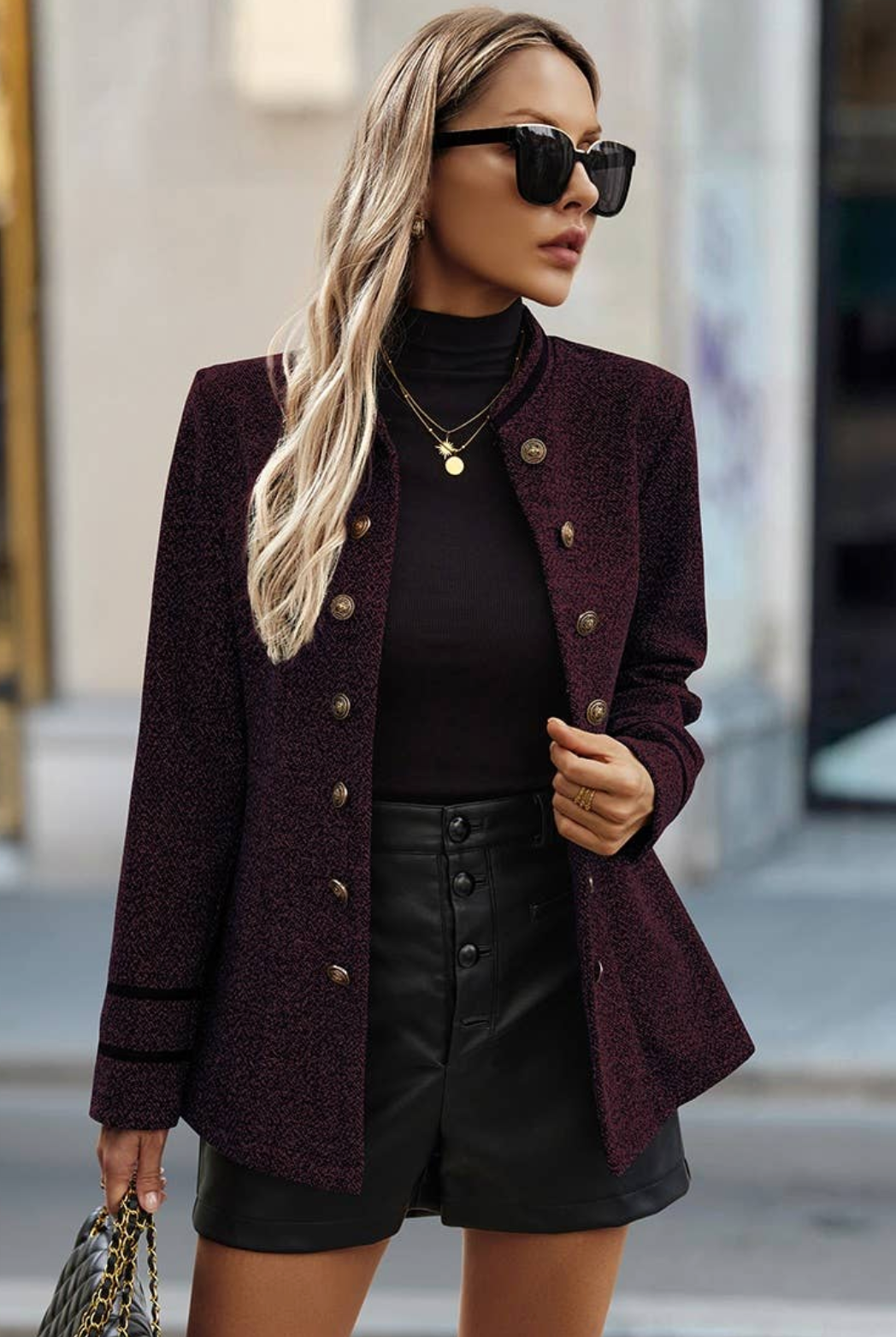 Decorative Button Stand Collar Jacket - WINE