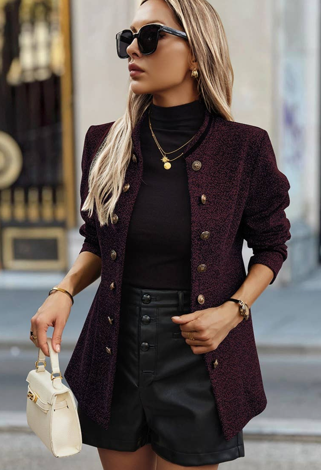 Decorative Button Stand Collar Jacket - WINE