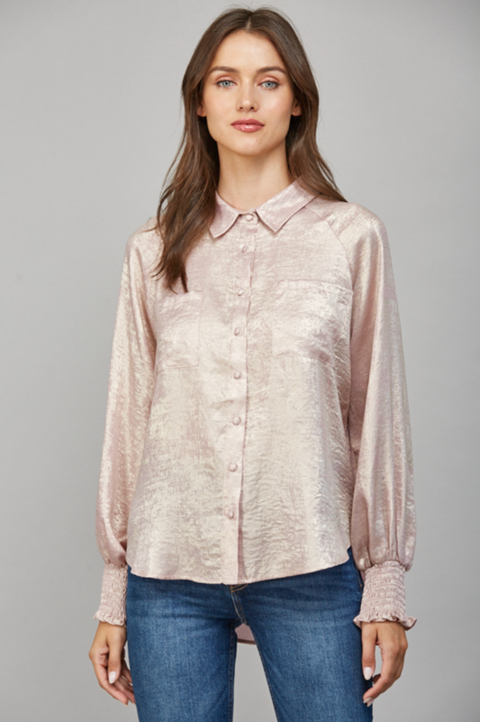 Long Sleeve Button Up Blouse with Smocking Cuffs