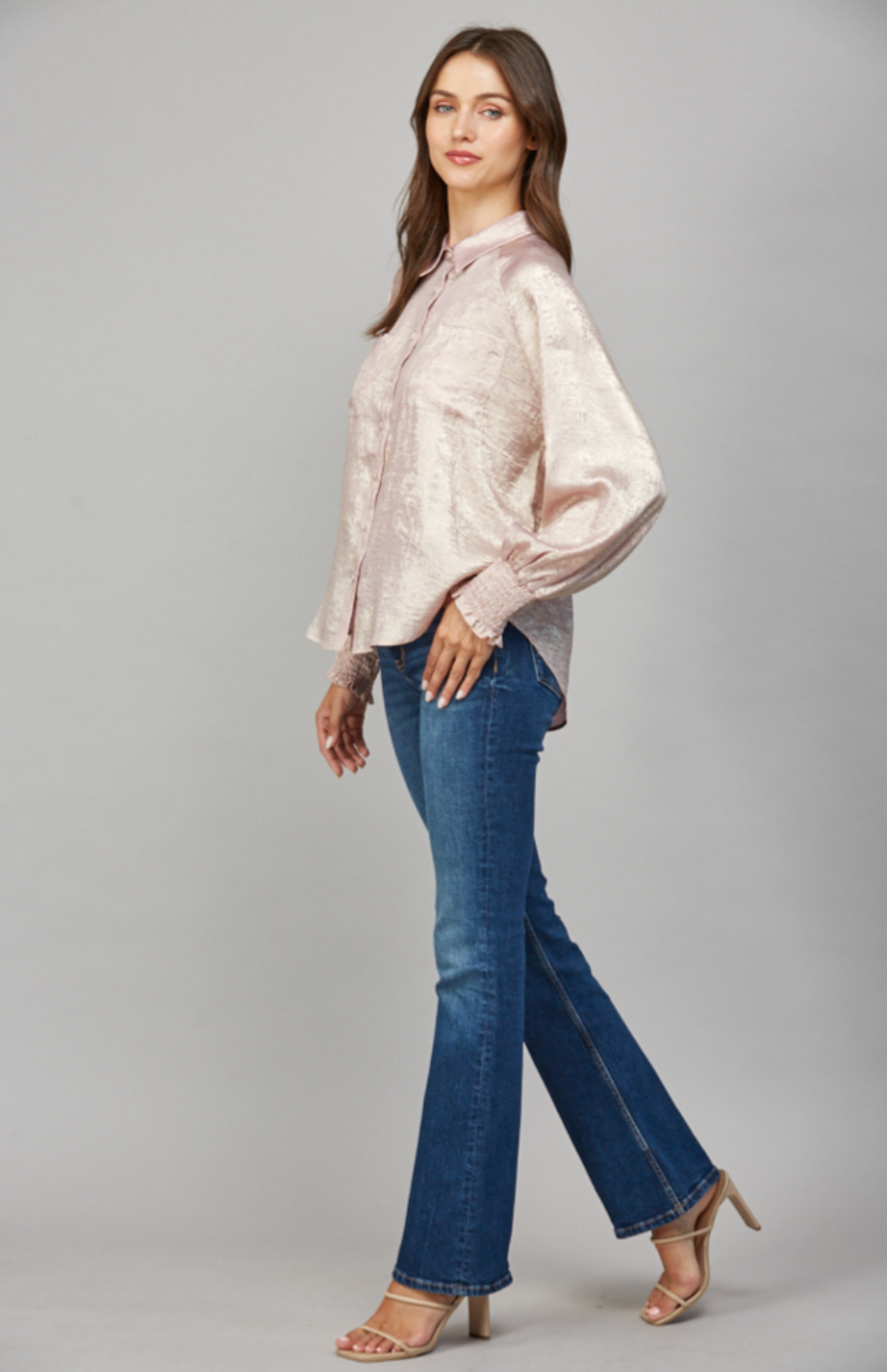 Long Sleeve Button Up Blouse with Smocking Cuffs