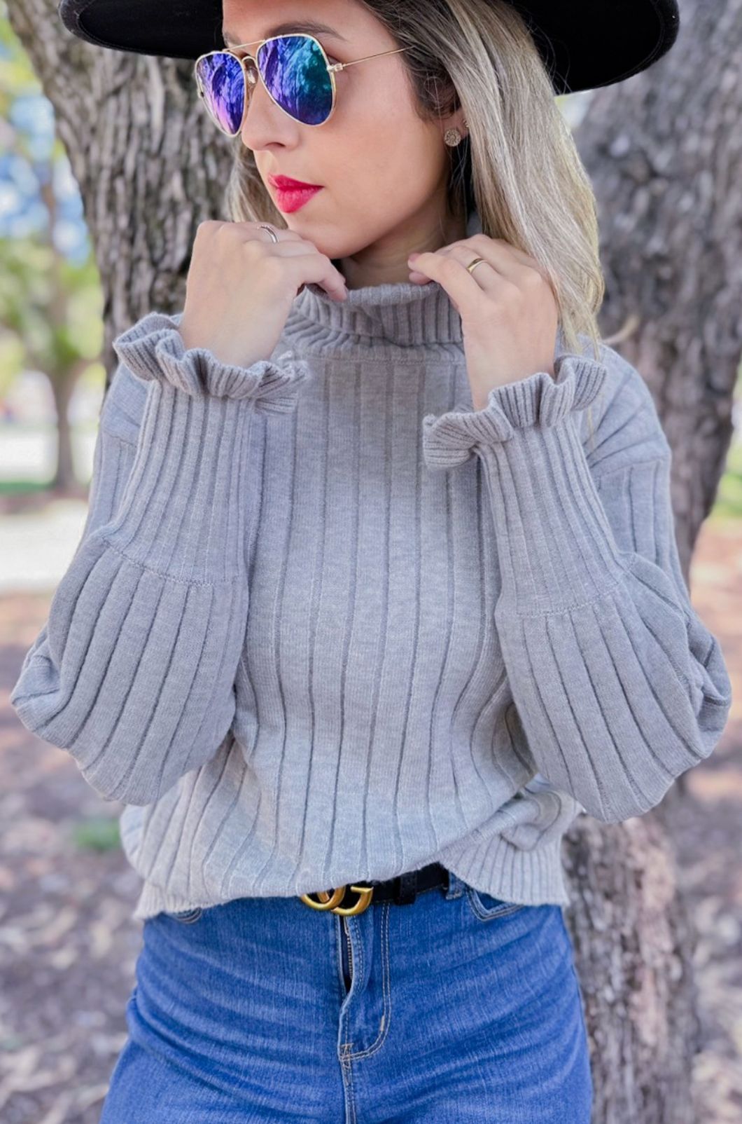 Grey Ruffle Sleeve Ribbed Turtleneck Knit Sweater