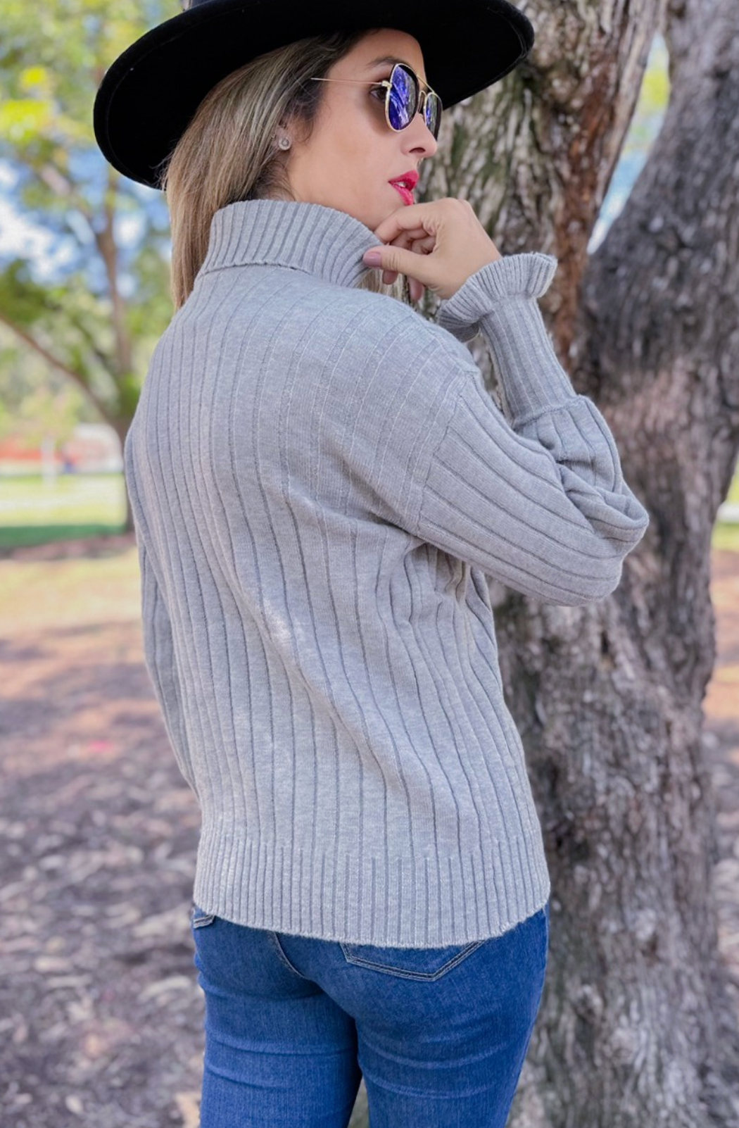 Grey Ruffle Sleeve Ribbed Turtleneck Knit Sweater