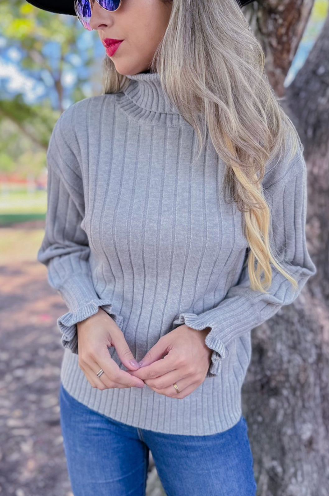 Grey Ruffle Sleeve Ribbed Turtleneck Knit Sweater