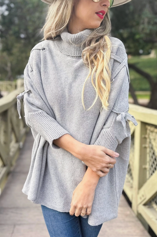 Lace-Up Sleeve Turtleneck Knitted Poncho Top