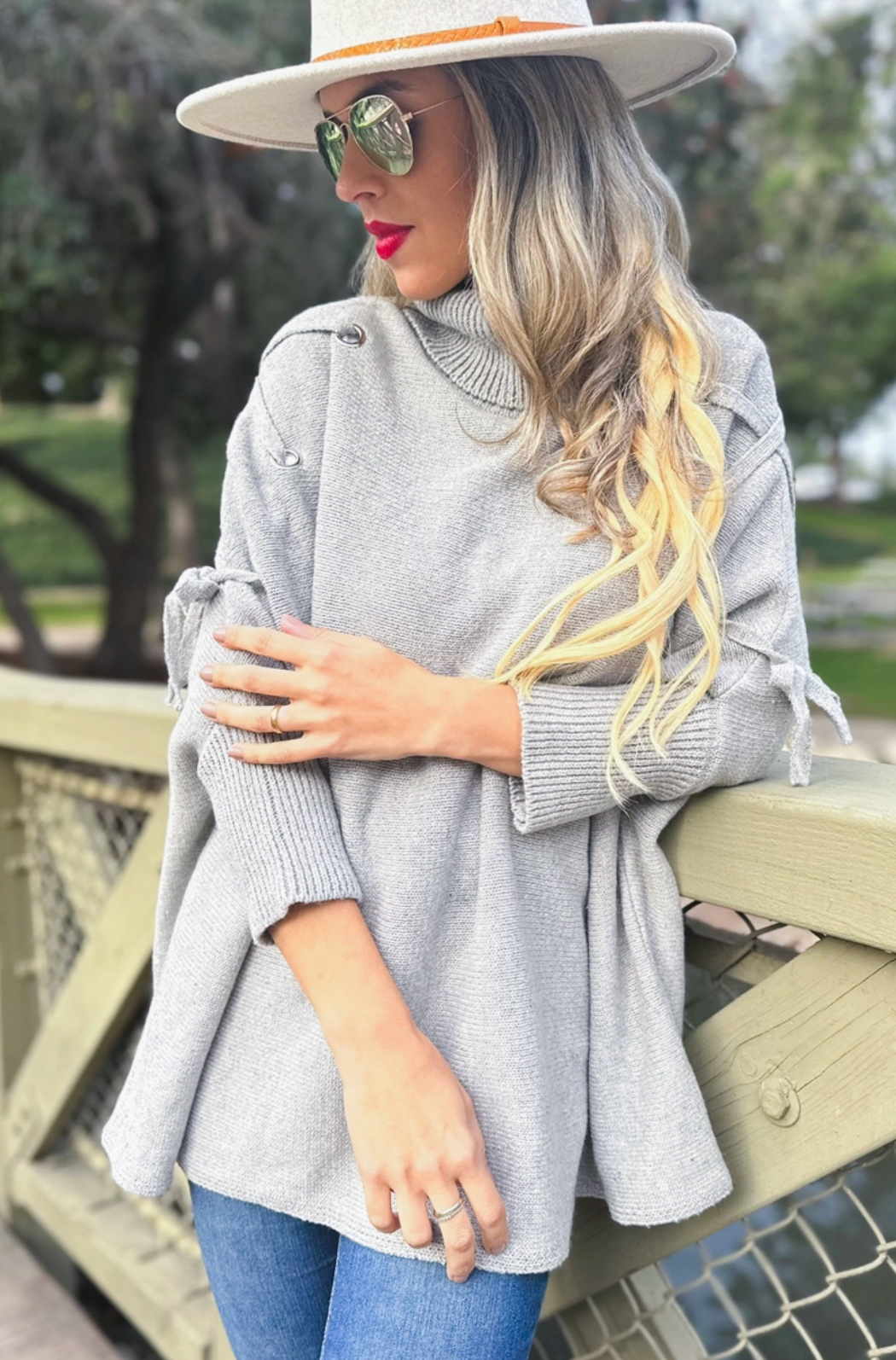 Lace-Up Sleeve Turtleneck Knitted Poncho Top