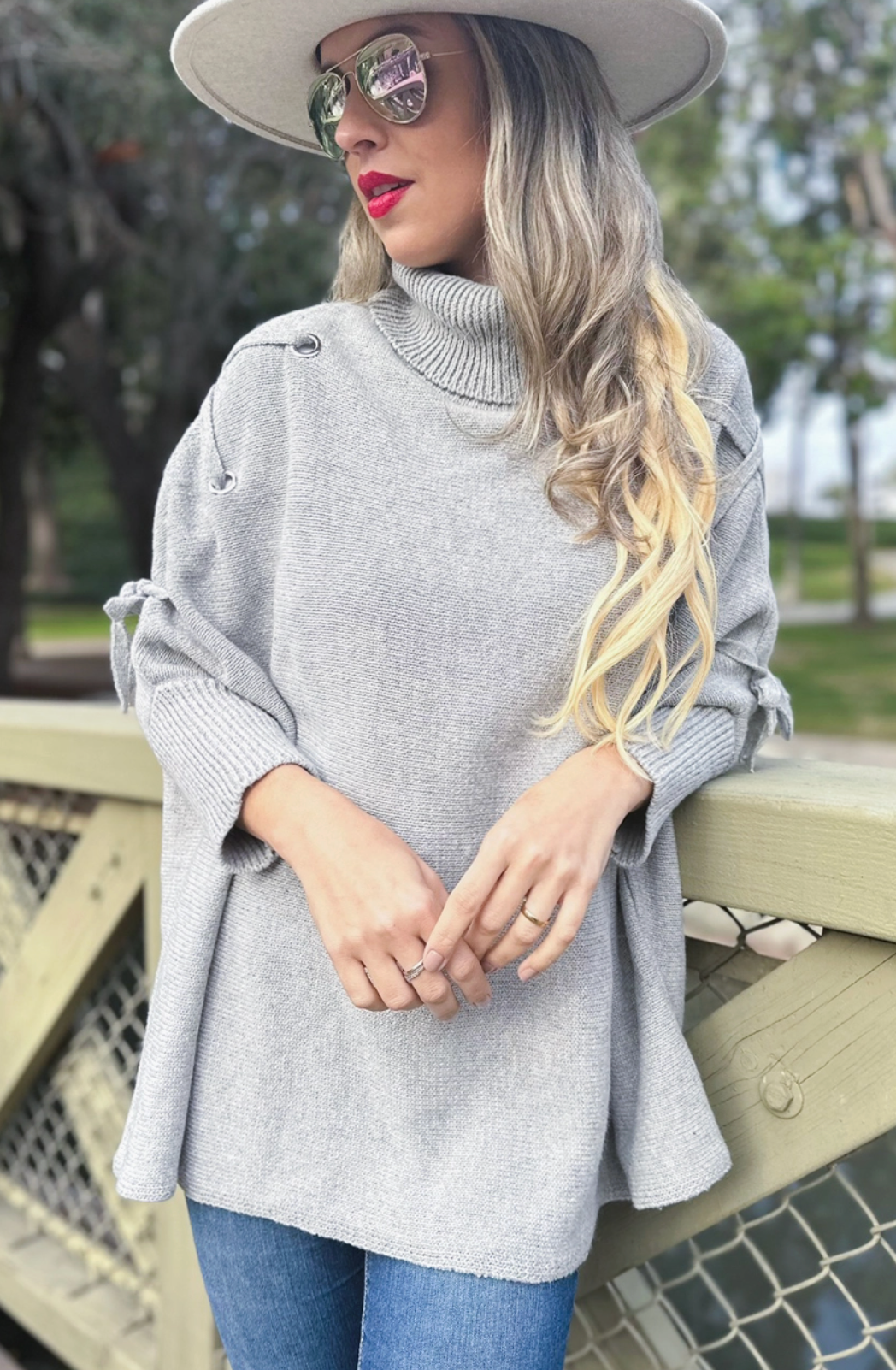 Lace-Up Sleeve Turtleneck Knitted Poncho Top