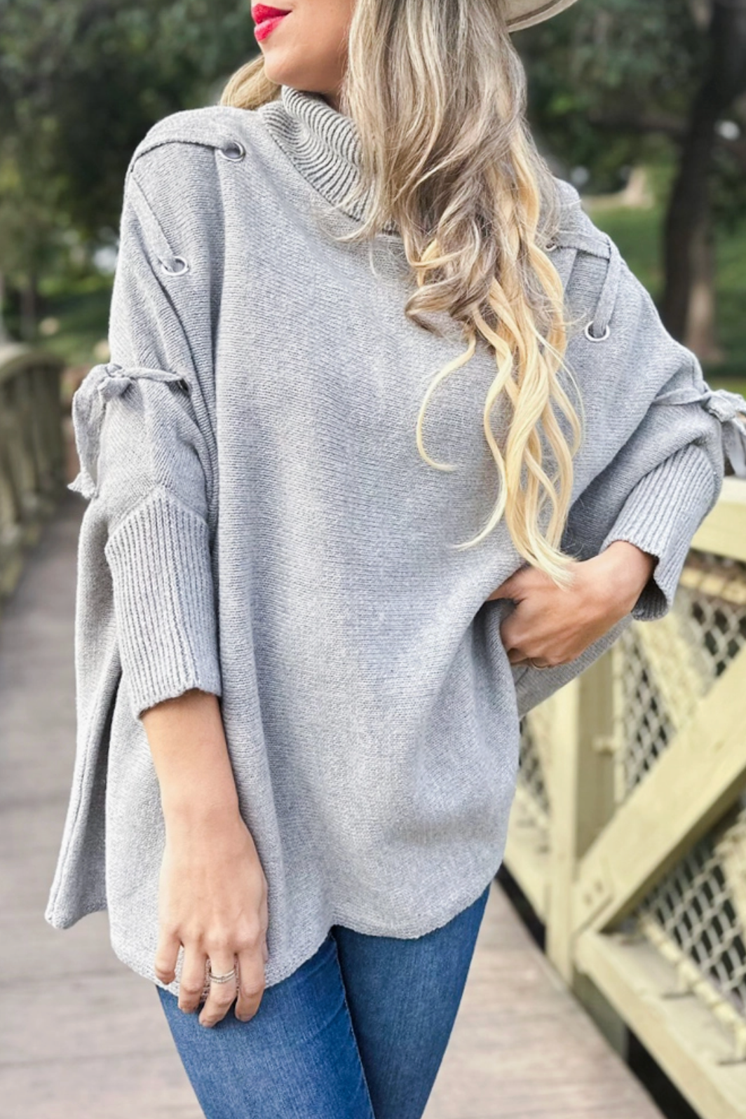 Lace-Up Sleeve Turtleneck Knitted Poncho Top