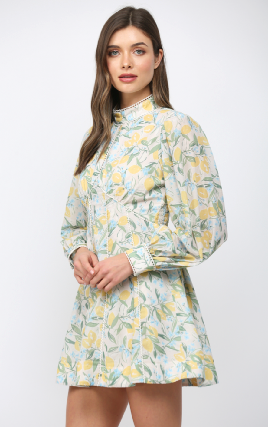 LACE TRIMMED LEMON & FLORAL PRINT FIT & FLARE DRESS