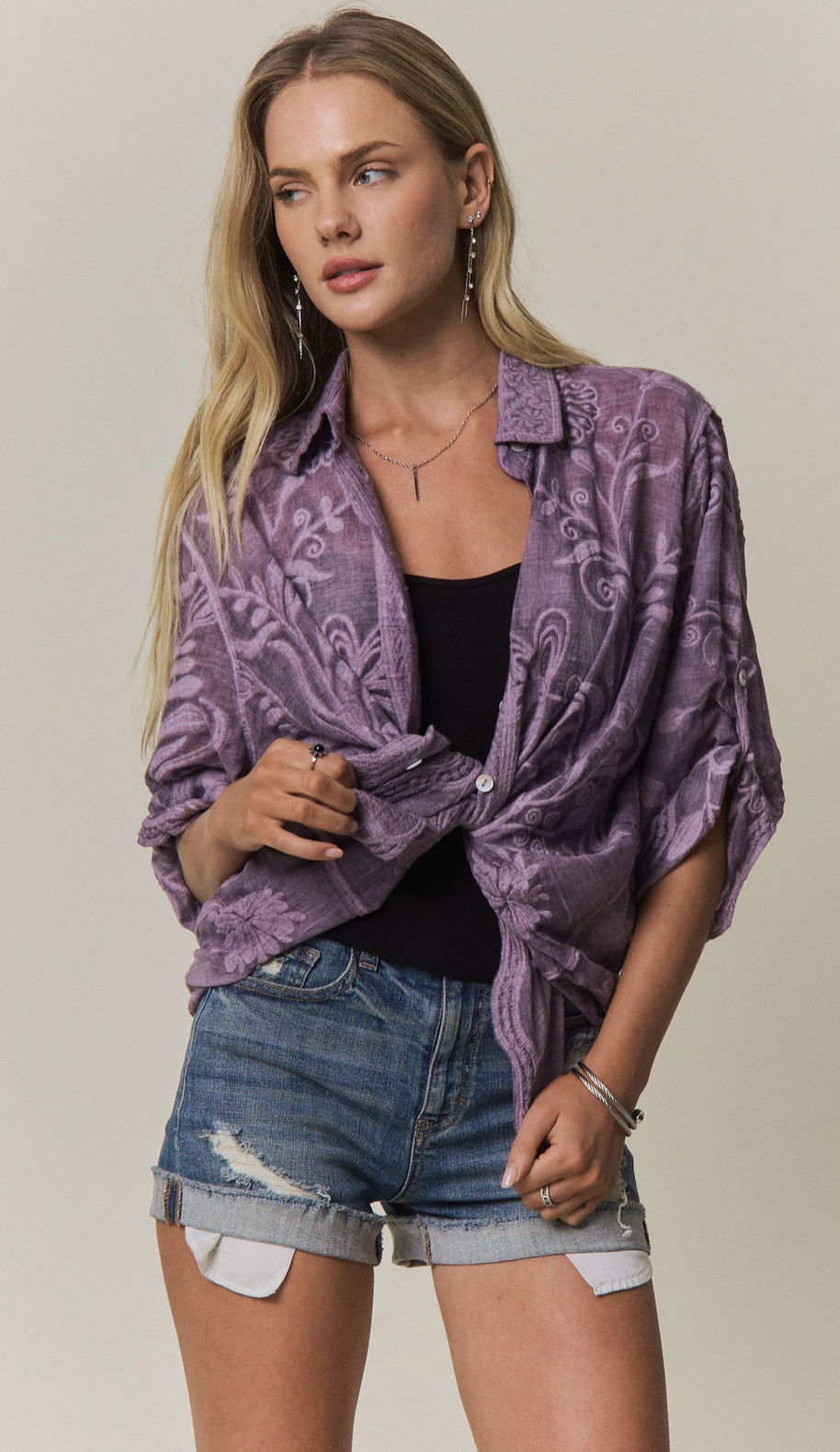 Boho Embroidered Button-Down Top