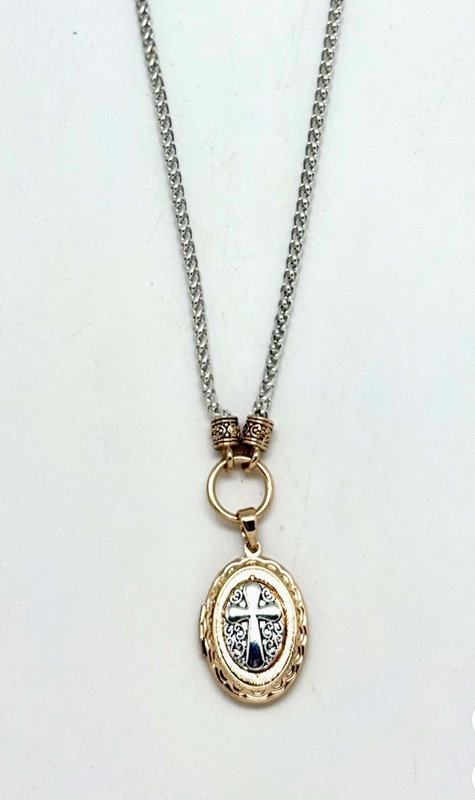 Necklace Alloyplated Silverchain W/Gold Cross Locket 18”w/2”