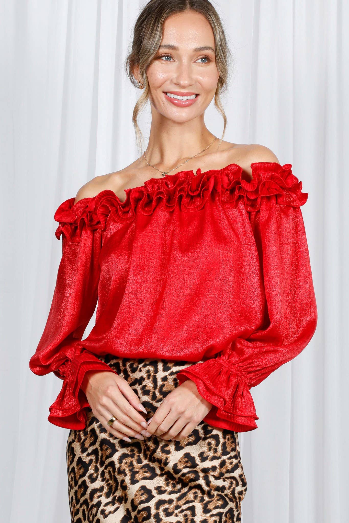 Pleated Ruffle Off-The-Shoulder Metallic Blouse