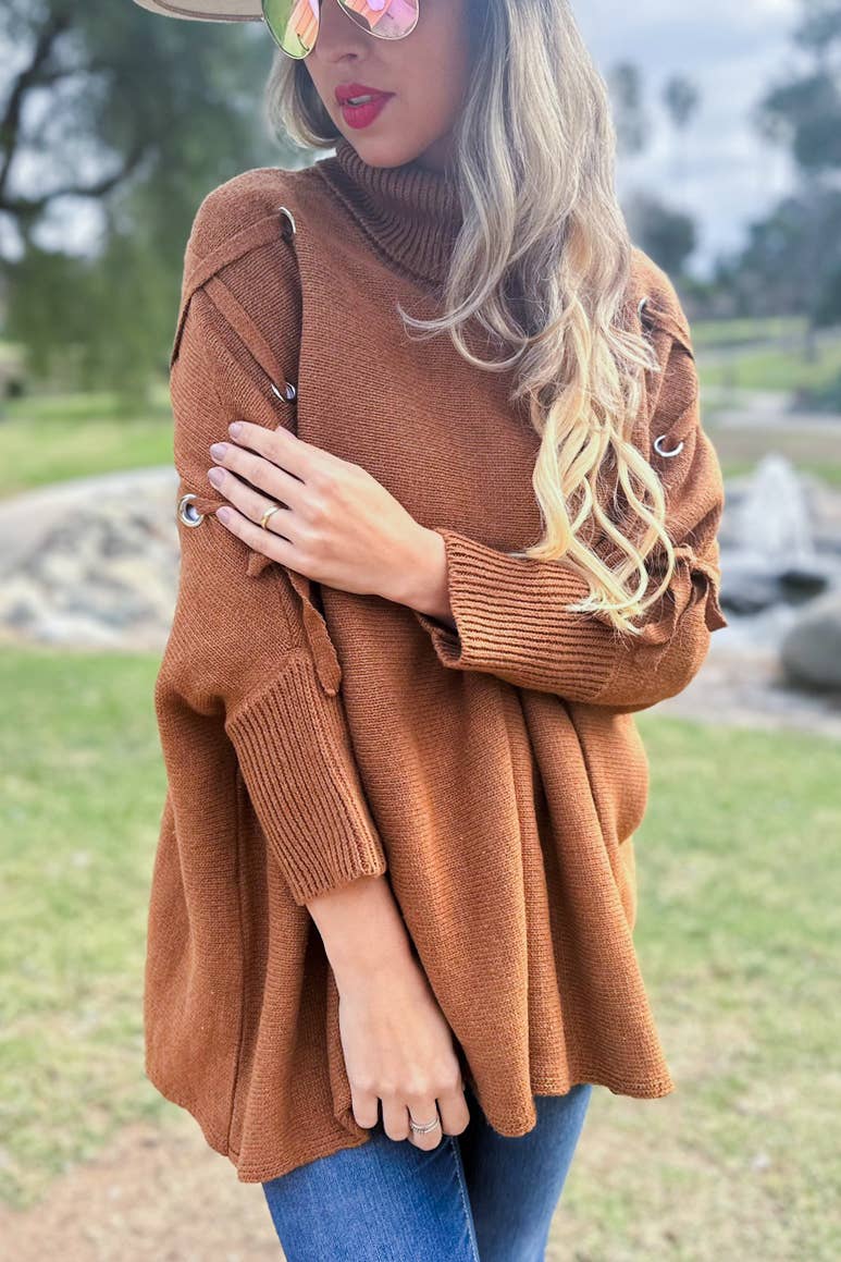 Cognac Lace-Up Sleeve Turtleneck Knitted Poncho Top