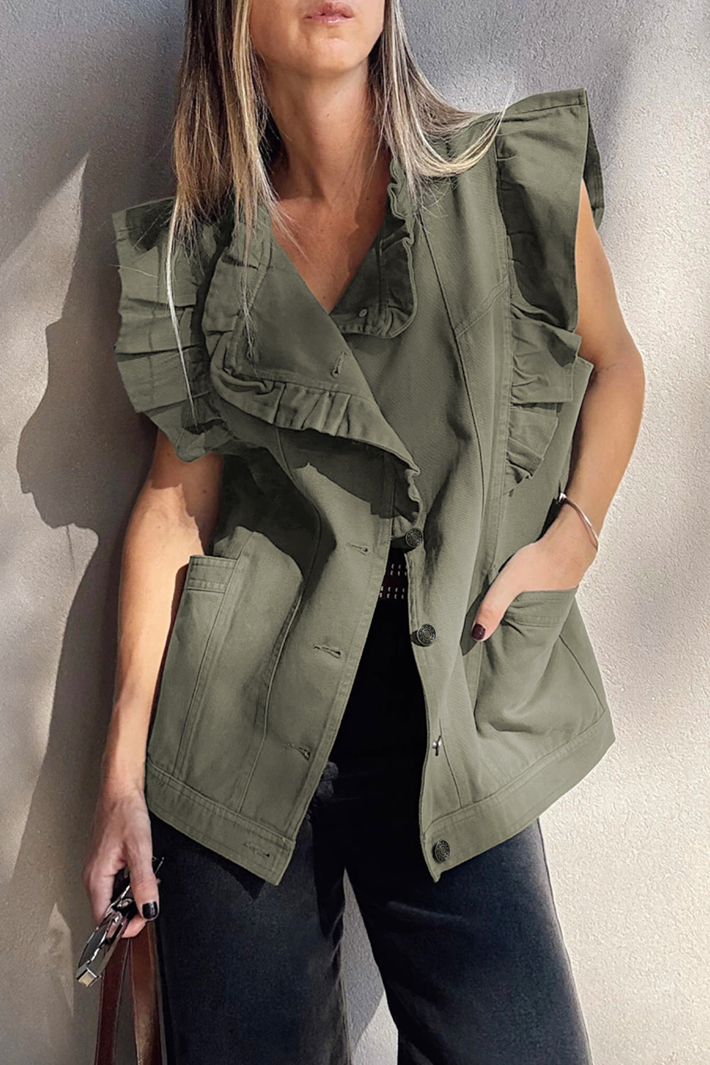 Pale Khaki Ruffle Plain Denim Jacket Vest