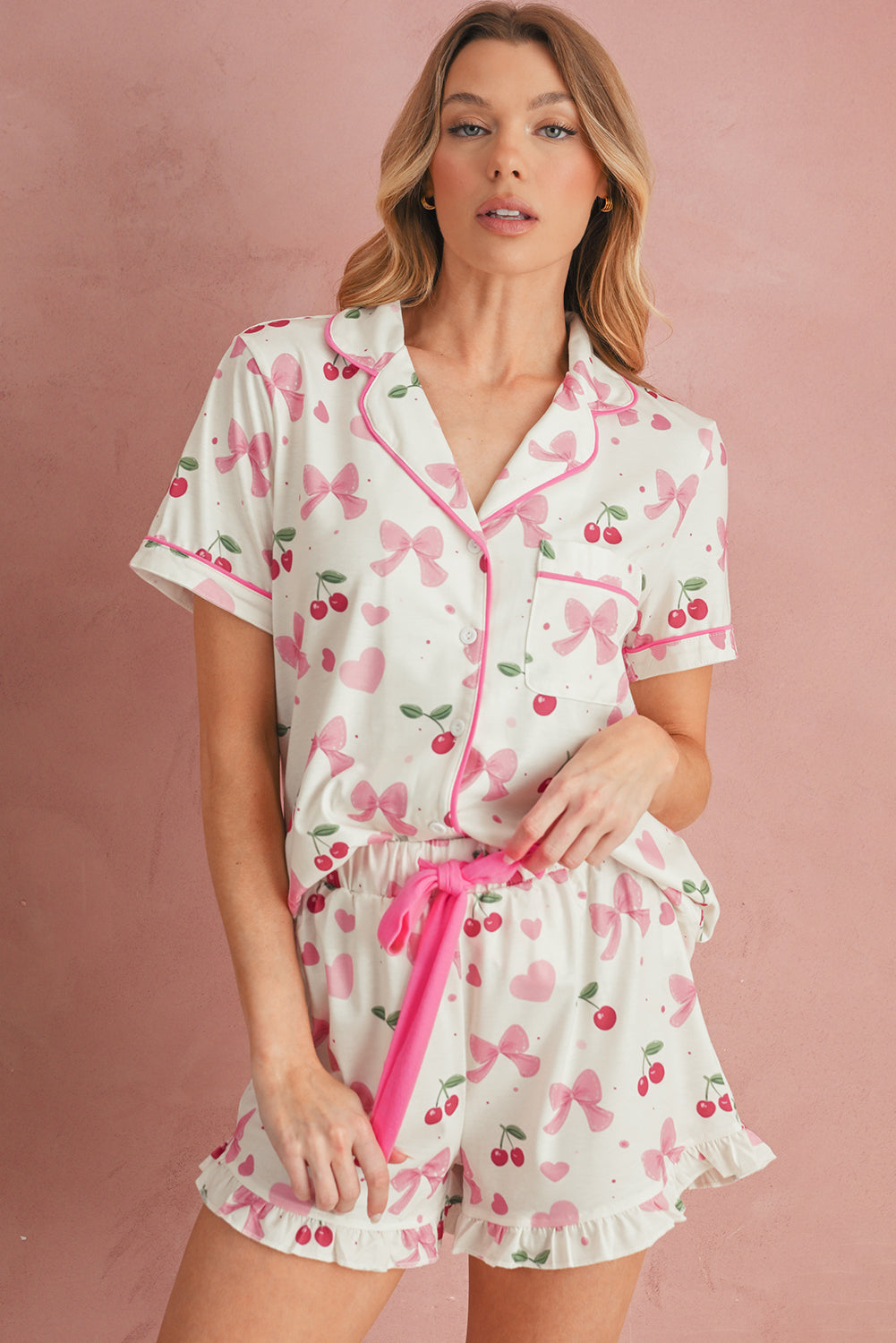 Pink Polka Dot and Bow Print Ruffle Hem Shorts Pajama Set