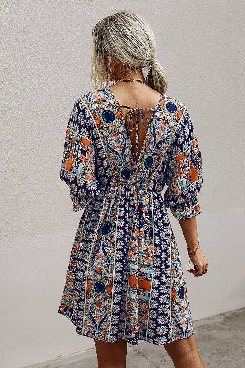 Boho Print Wrap Neck Tie Back Pleated Hem Dress