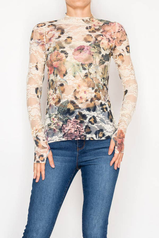 Sheer Flower Lace Mesh Long Sleeve Top