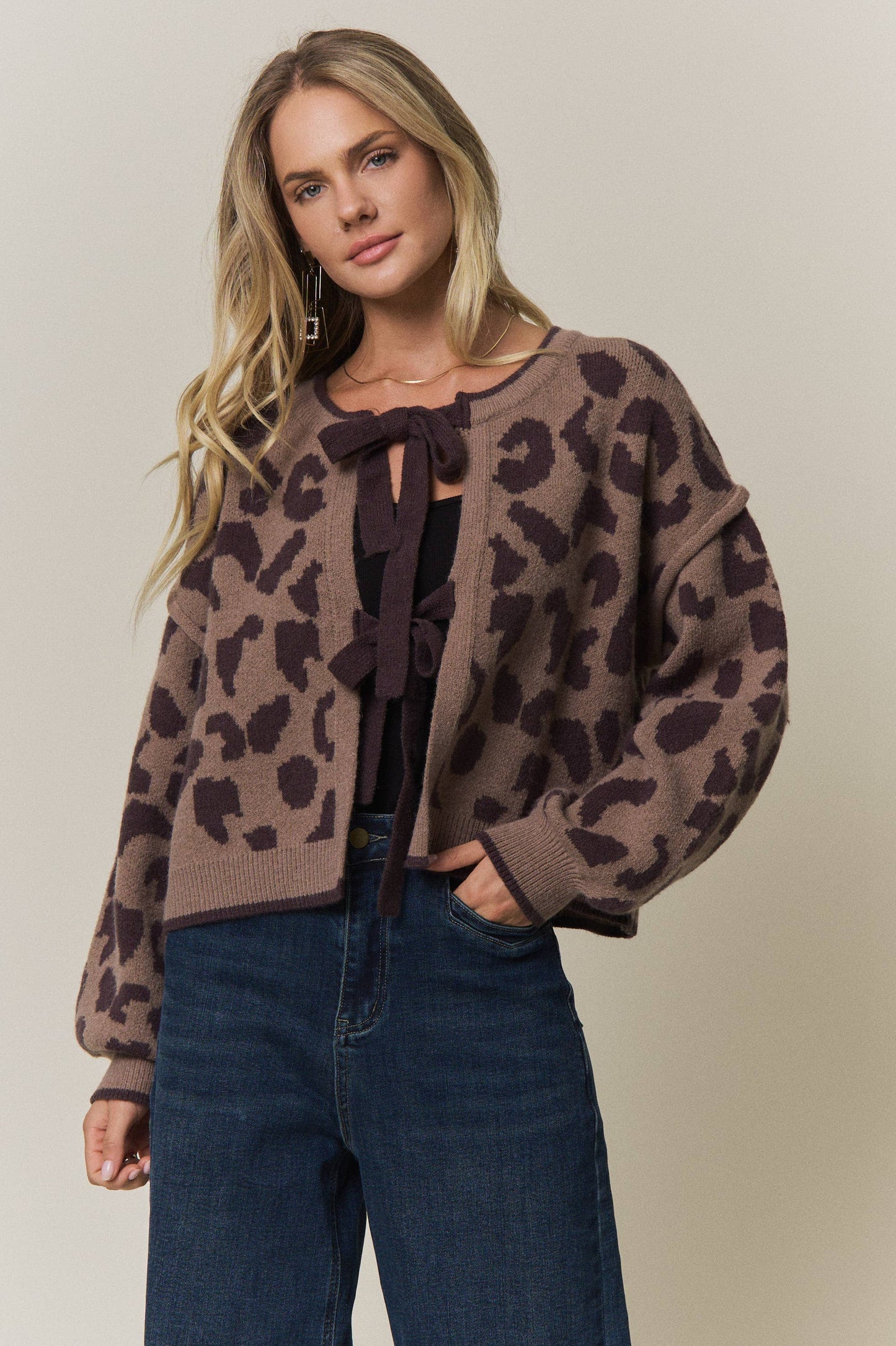 LEOPARD PRINT TIE-FRONT CARDIGAN - CESW4429