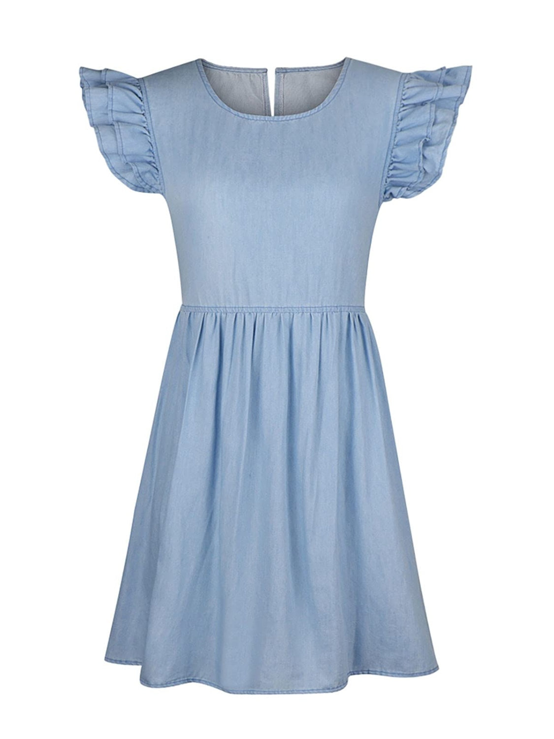 Ruffled Round Neck Cap Sleeve Denim Dress