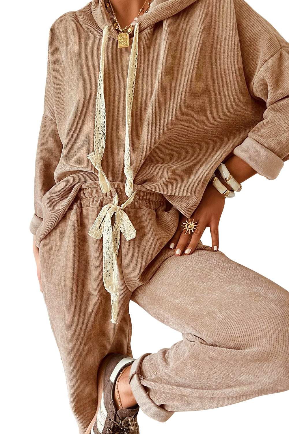 Smoke Gray Drawstring Pullover Hoodie and High Waist Pants Corduroy Suit