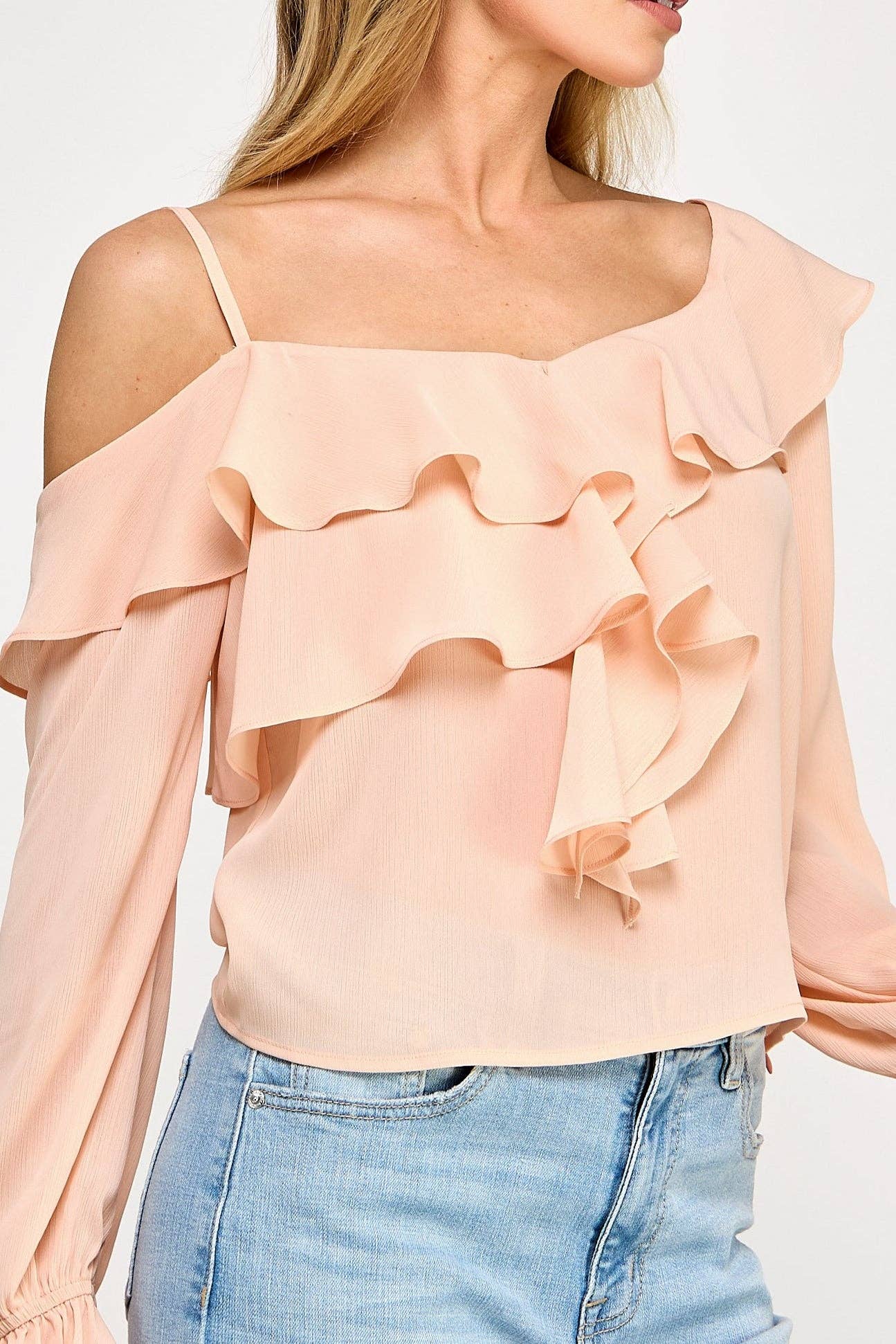 Ava Long Sleeve Top - Off Shoulder Ruffle Sheer