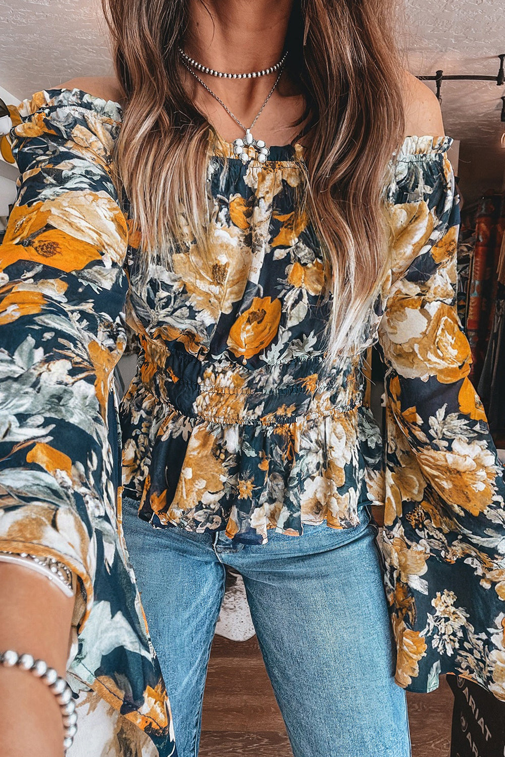 Blue Floral Off Shoulder Bell Sleeve Smocked Peplum Top