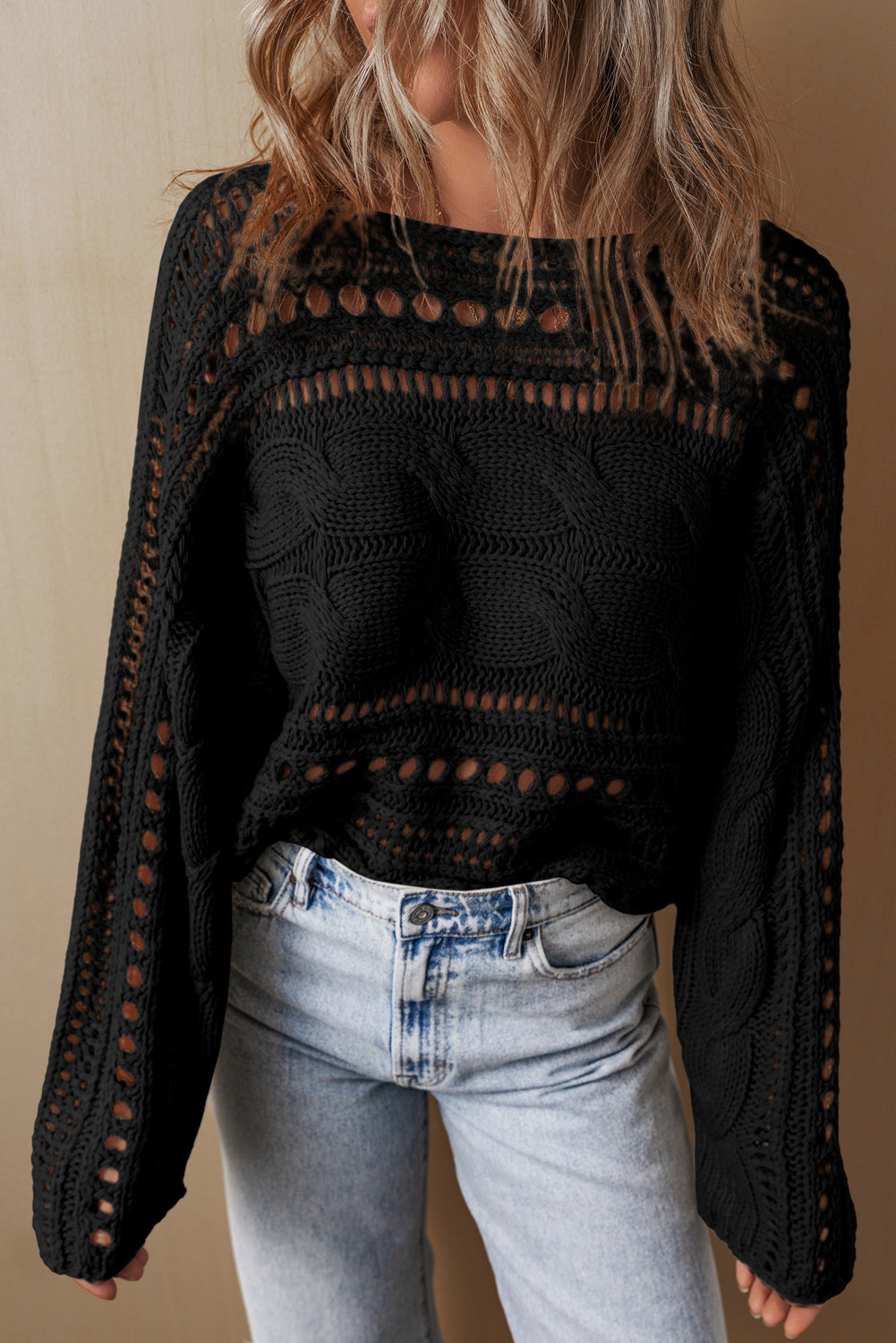 Hollow Out Cable Knit Cropped Sweater