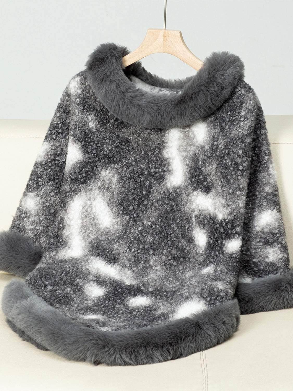 Furry Contrast Three-Quarter Poncho