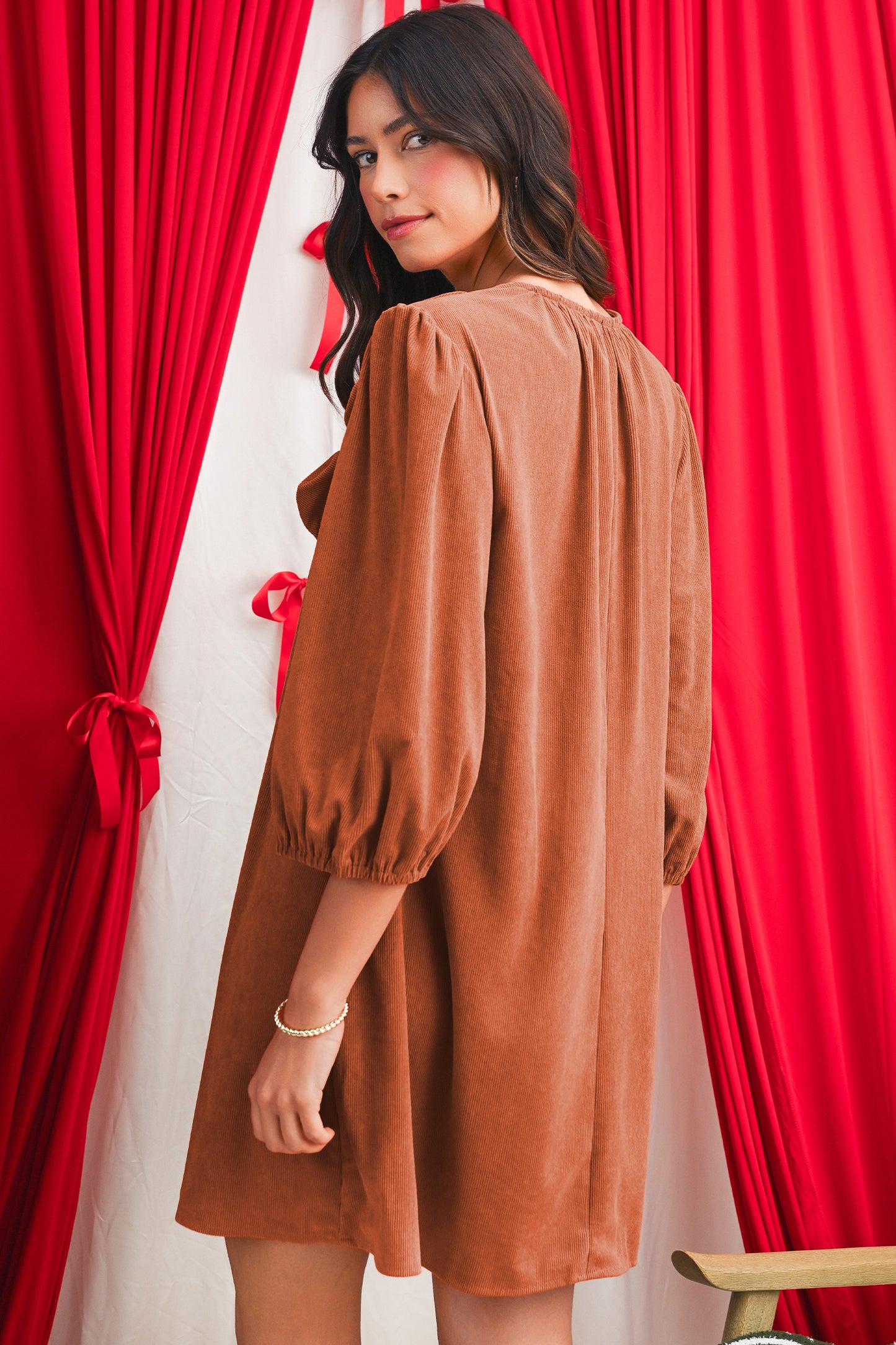 Split Neck Scallop Detail Pleated Corduroy Mini Dress