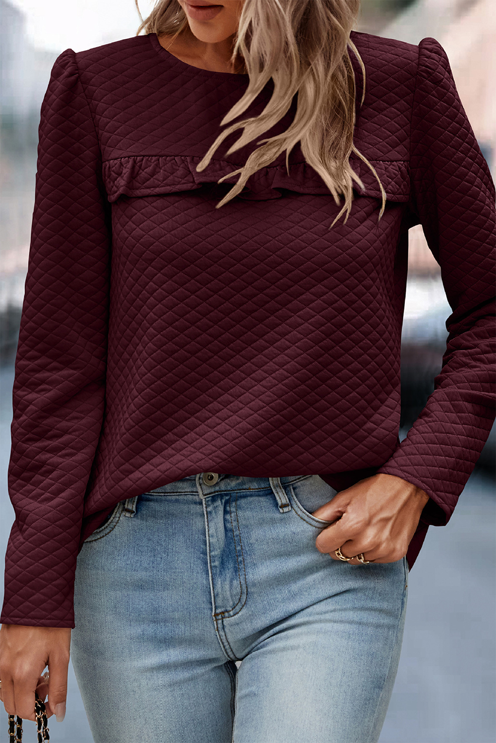 Quilted Button Back Puff Sleeve Sweatshirt