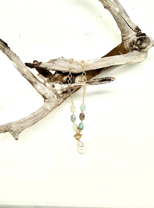 Necklace Baroque Pearl w/Amazonite w/Gold Plated,Toggle 18”