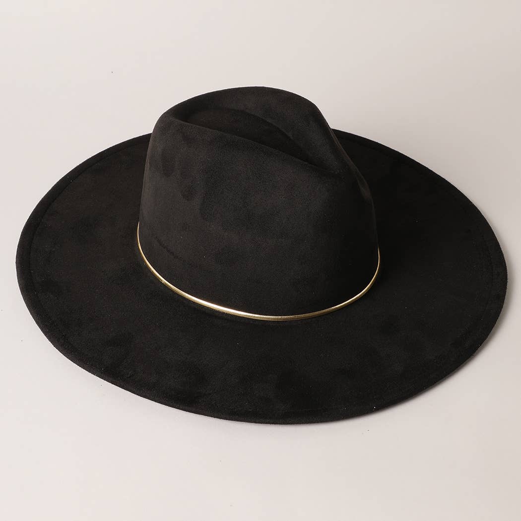 Gold Belt Wide Flat Brim Suede Fedora Hat