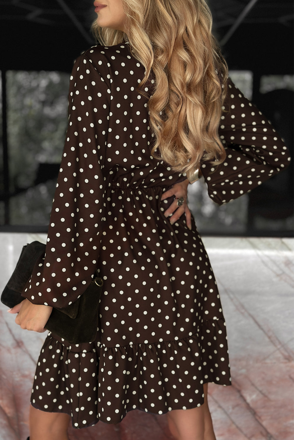 Chicory Coffee Polka Dot Long Sleeve Wrap V Neck Ruffle Hem Mini Dress